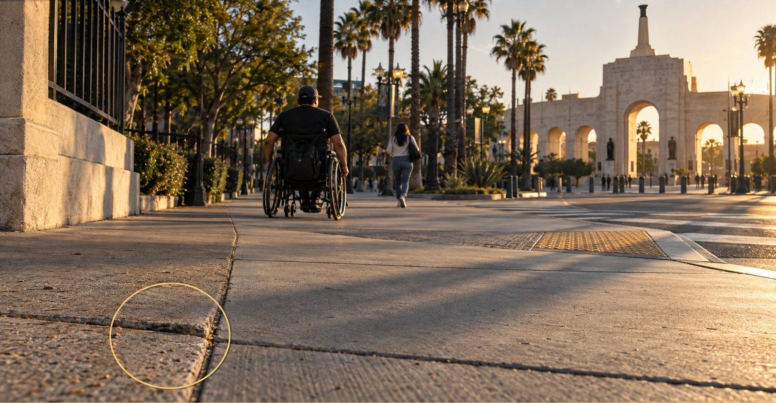 A person using a wheelchair rolls along a sidewalk toward the Coliseum peristyle, with a measurement ring around a cracked slab at the curb