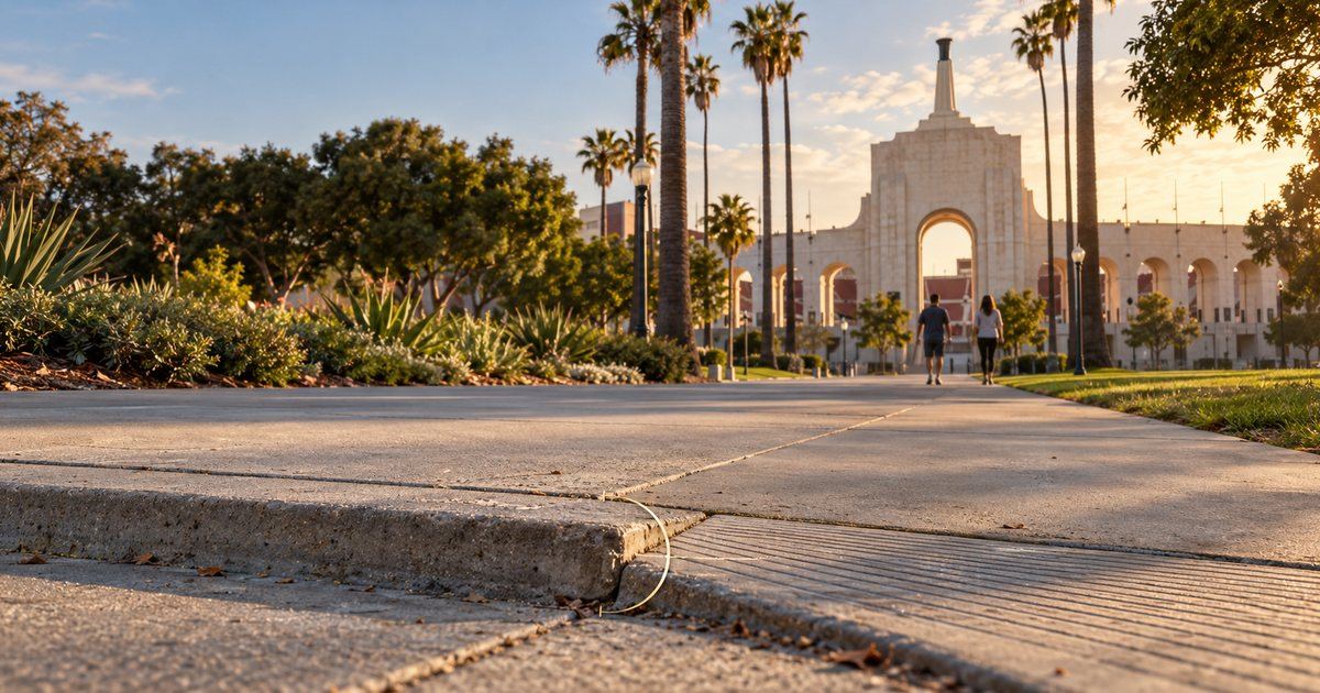 A raised sidewalk slab edge marked with a measurement ring, with the Los Angeles Memorial Coliseum peristyle behind it at golden hour