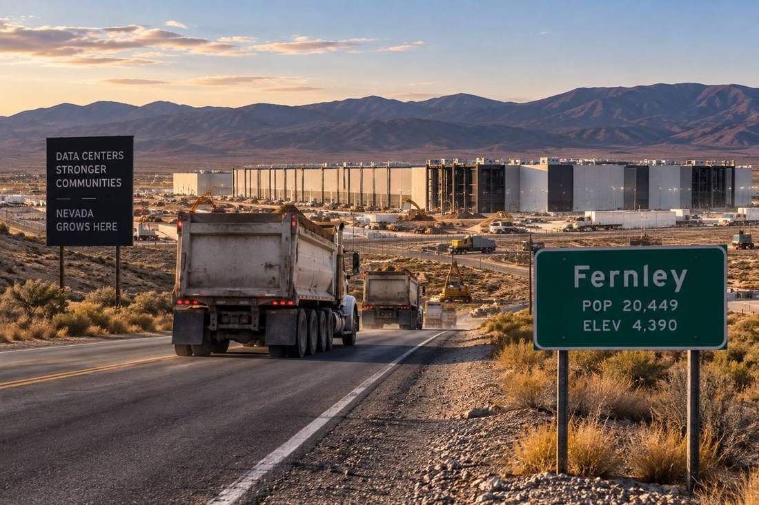 Dump trucks on a two lane road heading toward a hyperscale data center campus under construction outside Fernley, Nevada, past the town population sign