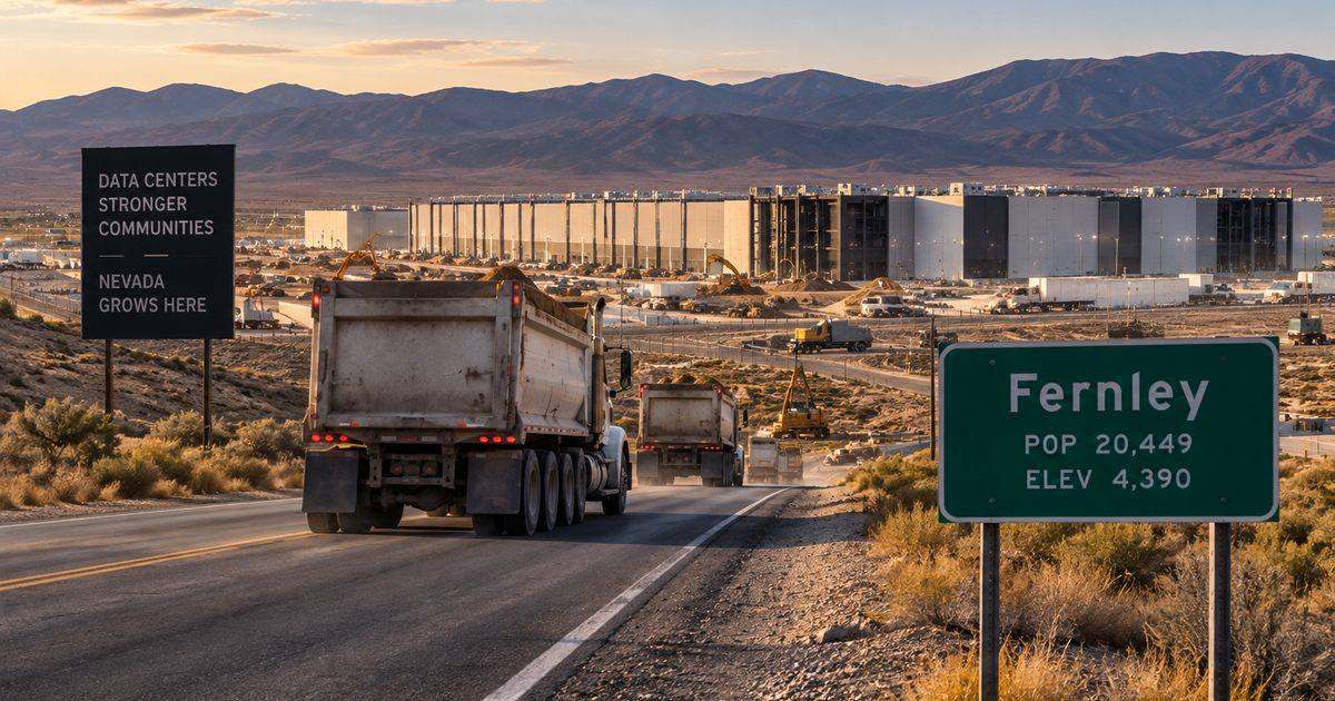 Dump trucks on a desert highway toward a data center campus near Fernley, Nevada