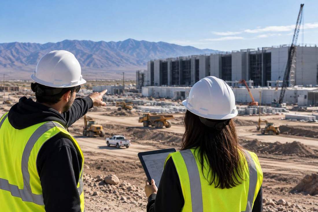 Two workers in hard hats and high visibility vests overlooking a data center construction site, one recording street conditions on a tablet
