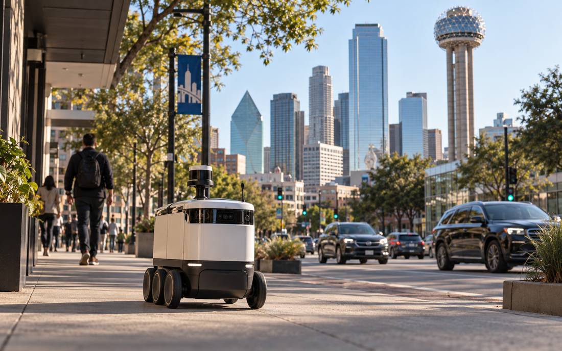 A sidewalk delivery robot rolling down a downtown sidewalk past pedestrians and traffic