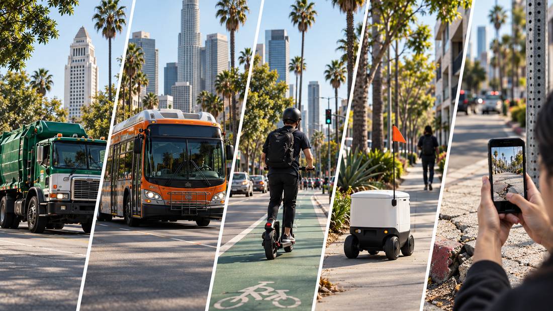 Five things that see a Los Angeles street: a garbage truck, a Metro bus, a scooter rider in a bike lane, a sidewalk delivery robot, and a resident photographing a broken curb with a phone