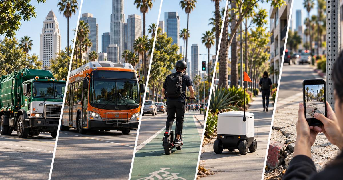 Five things that see a Los Angeles street: a garbage truck, a Metro bus, a scooter rider, a sidewalk delivery robot, and a resident with a phone