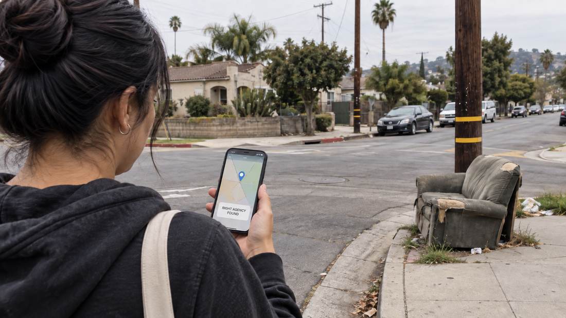 A resident on a Los Angeles corner holding a phone that reads Right Agency Found, beside a couch dumped on the sidewalk