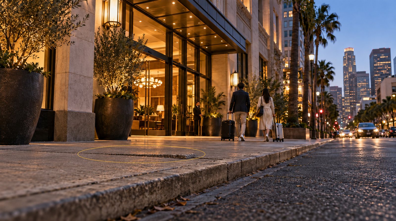Two guests with suitcases pass a downtown Los Angeles hotel entrance at dusk; a gold measurement ring marks a lifted sidewalk slab beside the curb