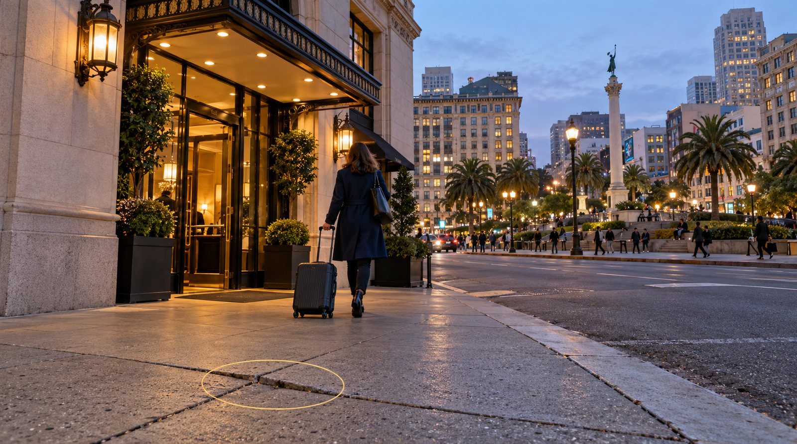 A guest with a rolling suitcase walks toward a hotel entrance on Union Square in San Francisco at dusk, with a gold measurement ring around a cracked sidewalk joint in the foreground