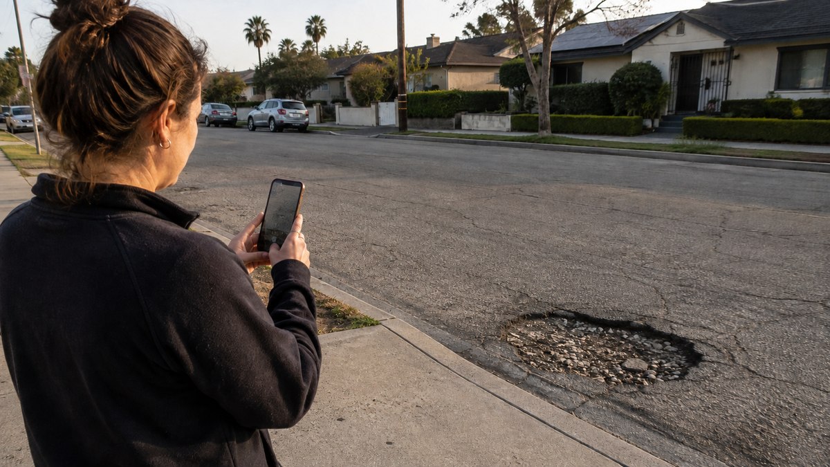 A person standing on the curb of a Los Angeles residential street, pointing an iPhone camera at a pothole in the road