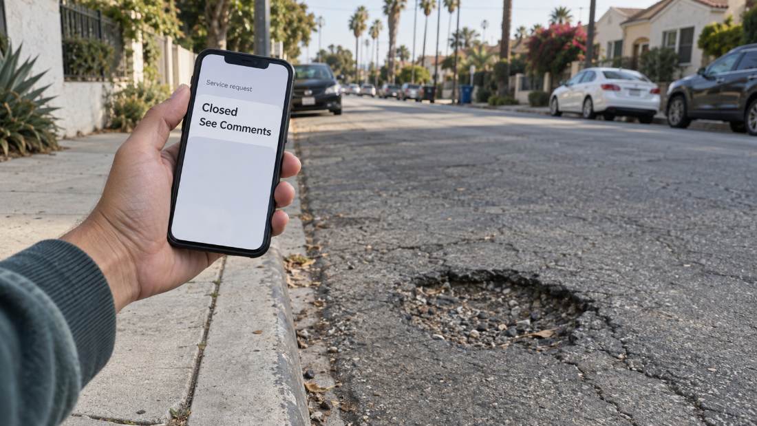 A hand holding a phone that reads Closed, See Comments on a service request, beside an unrepaired pothole on a residential Los Angeles street