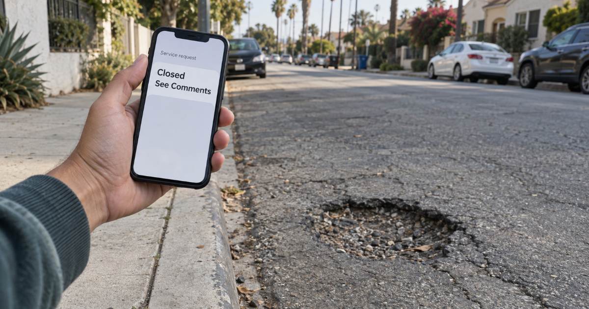 A hand holding a phone that reads Closed, See Comments beside an unrepaired pothole on a Los Angeles street