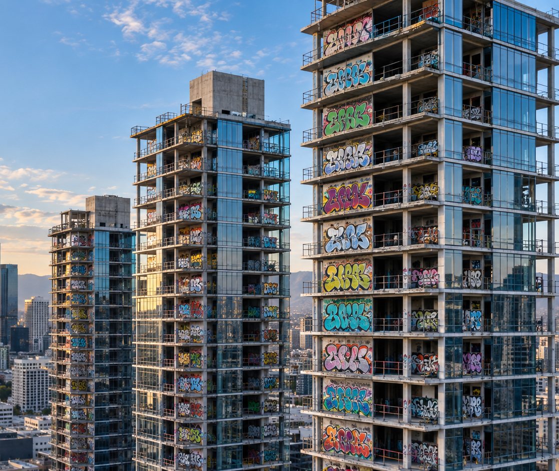 Three unfinished high-rise towers in downtown Los Angeles covered floor by floor in graffiti, with the city and mountains behind them