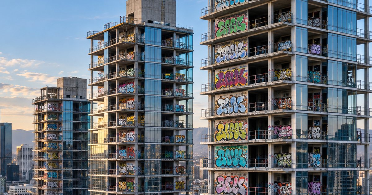 Unfinished downtown Los Angeles towers covered in graffiti