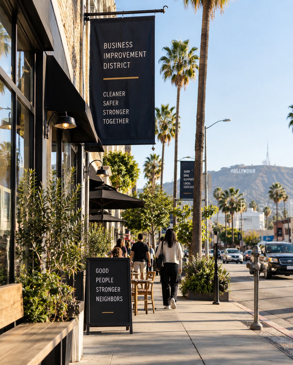 A Business Improvement District banner outside a shop on a Los Angeles commercial corridor, with the Hollywood sign in the distance