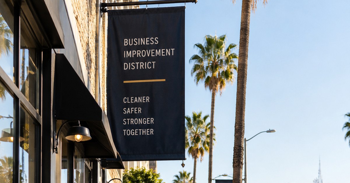 A Business Improvement District banner on a storefront with palm trees behind it