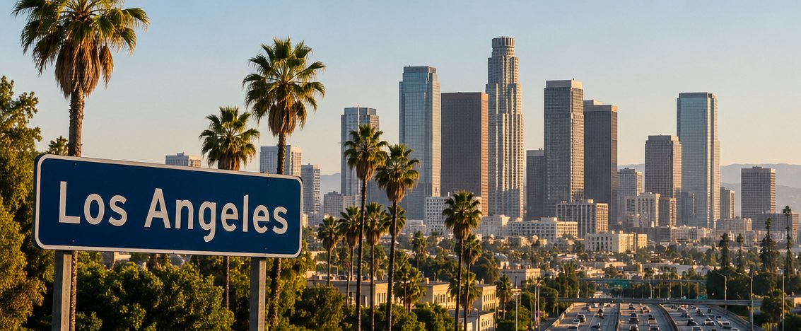 The downtown Los Angeles skyline behind a blue Los Angeles street sign, with palm trees and freeway traffic in the foreground