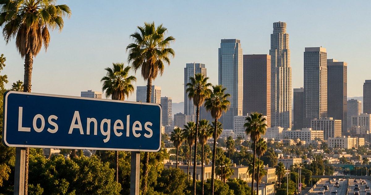 Los Angeles freeway sign with the downtown skyline and palm trees