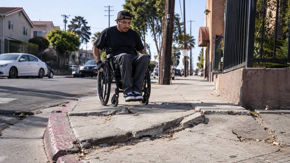 A man in a wheelchair stopped at a broken, uplifted sidewalk corner on a Los Angeles residential street