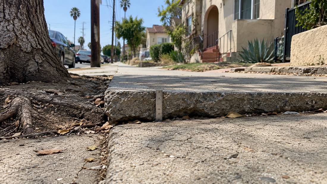 A sidewalk panel lifted by a tree root on a Los Angeles residential street, with a steel ruler standing against the raised edge