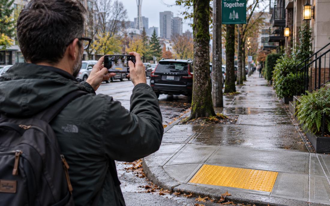 A person photographing a curb ramp on a city sidewalk with a phone
