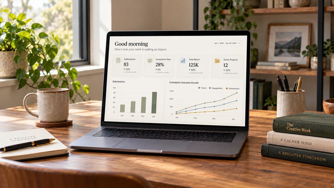 A laptop on a desk showing a dashboard of tracked outcomes