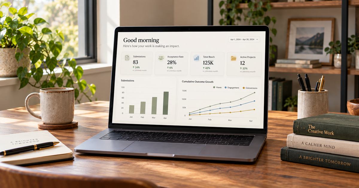 A laptop on a desk showing a dashboard of tracked outcomes