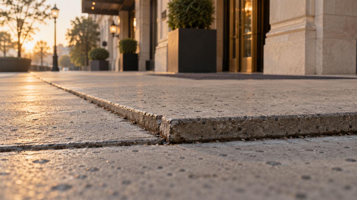 Before: a raised sidewalk slab at a hotel entrance