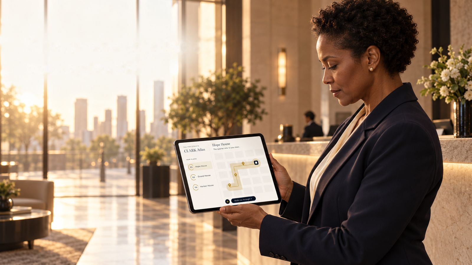 A hotel manager in her lobby at dawn, reviewing the quarter mile around her property on a tablet