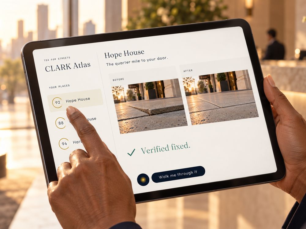 A tablet showing CLARK ATLAS with a before and after photo marked verified fixed