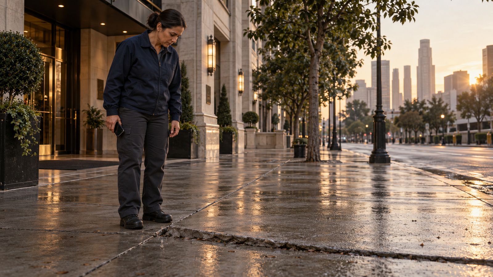A field worker stops at a raised sidewalk seam outside a hotel at dawn