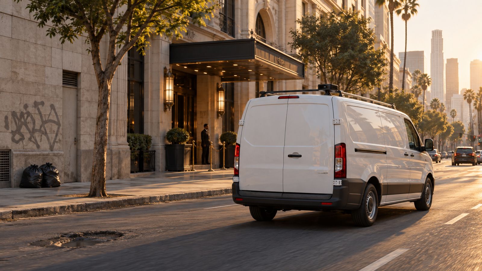A delivery van passing a hotel at golden hour