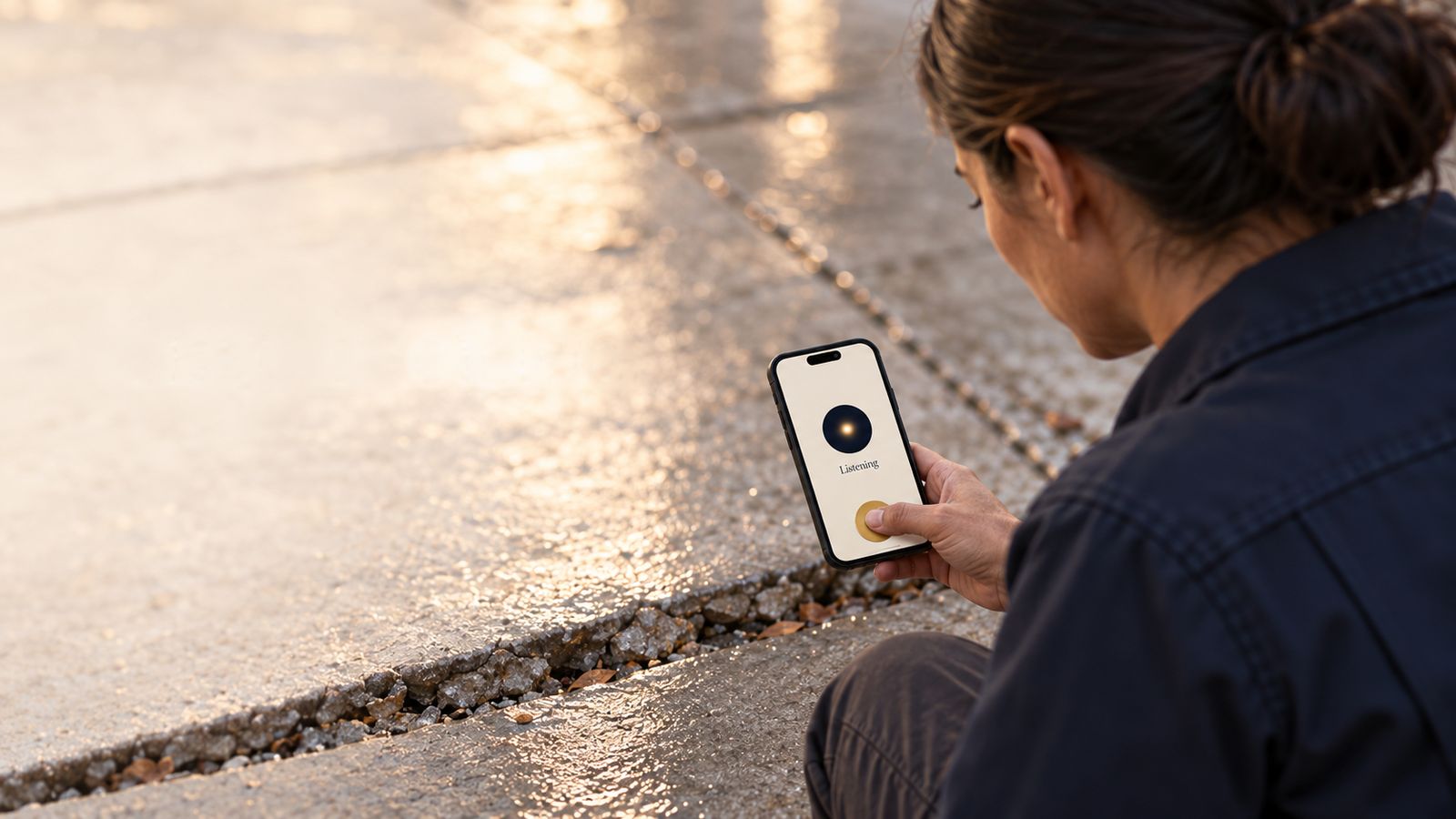 A city worker kneels at a raised sidewalk seam and holds a phone that shows CLARK listening